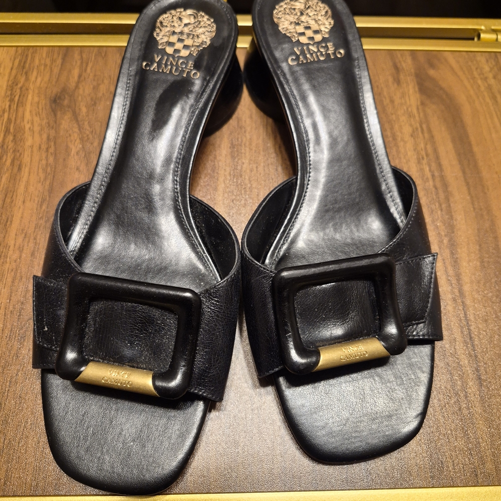 Vince Camuto Black Leather Slide Mules with Buckle and Gold Accent